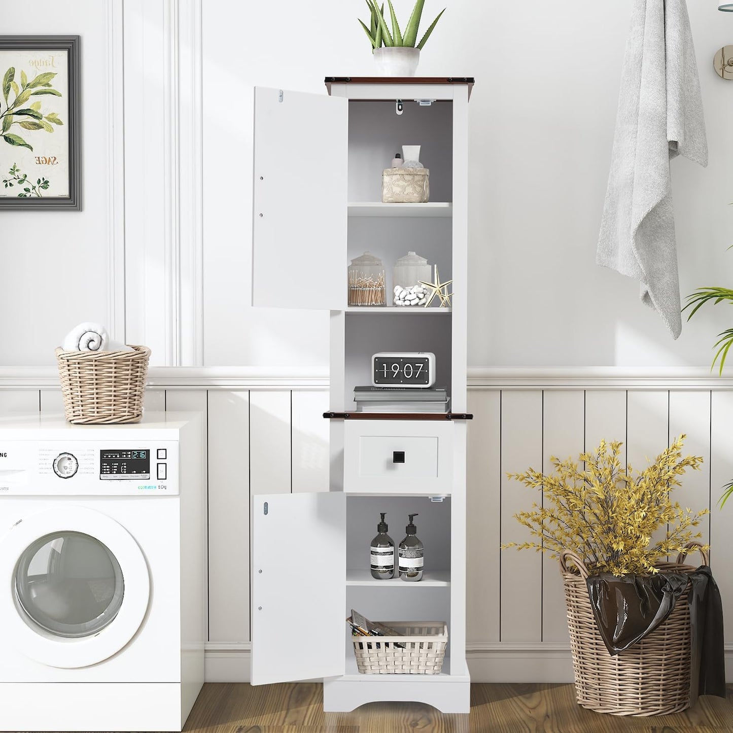 JOMEED Tall Bathroom Storage Cabinet, 68" Farmhouse Linen Tower with Adjustable Shelves & Drawer, Rustic Narrow Storage Cabinet for Bathroom