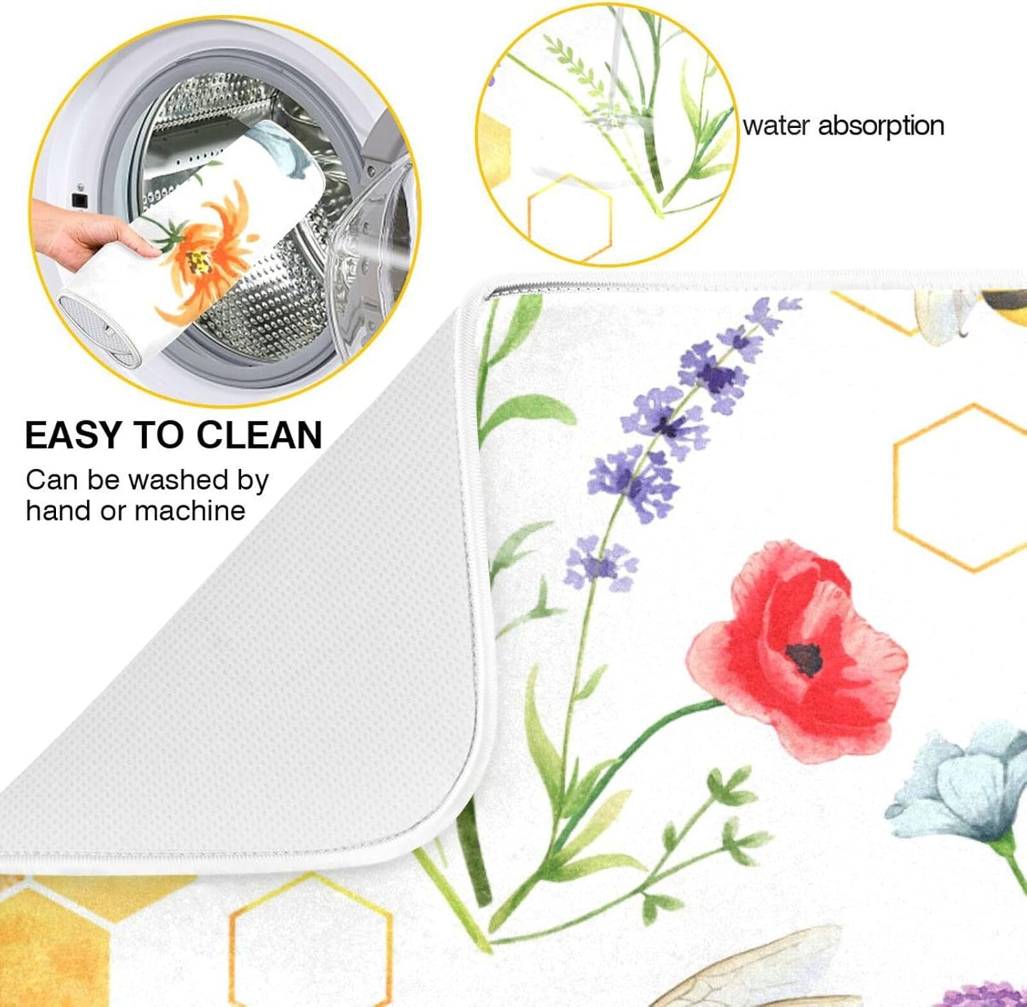 Wildflowers and Bees Dish Drying Mat for Kitchen Counter Absorbent Microfiber Drying Pad, Large 18x24 in, Reversible Drainer Mats