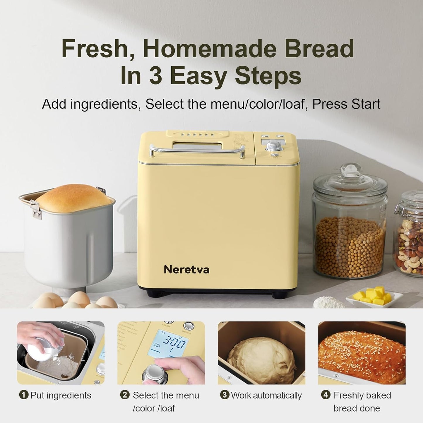 Neretva 20-IN-1 Bread Maker, Dual Heater 2LB Bread Machine Stainless Steel Bread Maker Machine Nonstick Ceramic Pan Compact for Gluten Free/Sourdough/Whole Wheat Bread/Yogurt, Breadmaker Recipe-Yellow