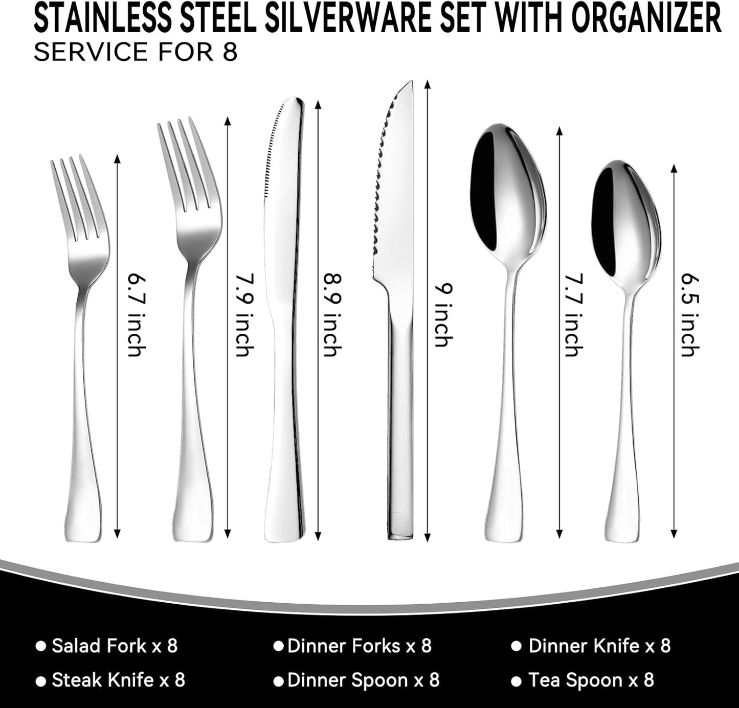 49-Piece Silverware Set with Organizer, Stainless Steel Kitchen Utensils Set for 8, Cutlery Flatware Set with Steak Knives Fork Spoon for Home Kitchen Tableware, Dishwasher Safe