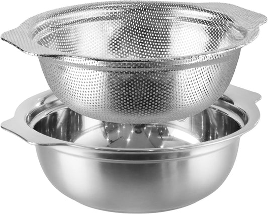 Extra Large 5.5QT Stainless Steel Colander, Large Capacity Rice Colander with Mixing Bowl, Rice Strainer for Vegetables, Fruit, Spaghetti, Pasta Strainer, Dishwasher Safe(2PC)