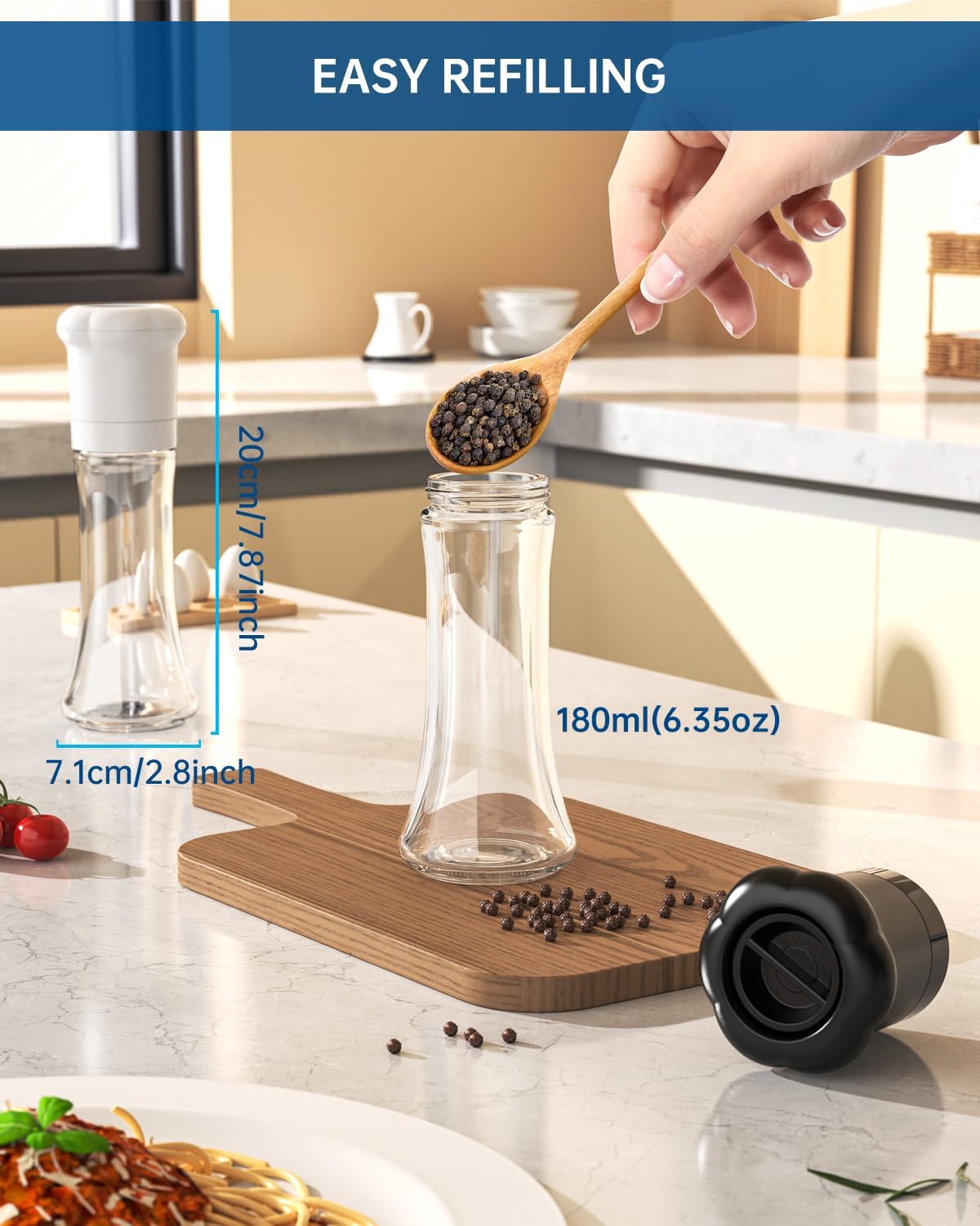 CIRCLE JOY Manual Salt and Pepper Grinder Set For Professional Chef, Refillable Salt and Pepper Shakers with Ceramic Blades, Adjustable Coarseness and BPA-free 180ml Glass Container, Tall Black White