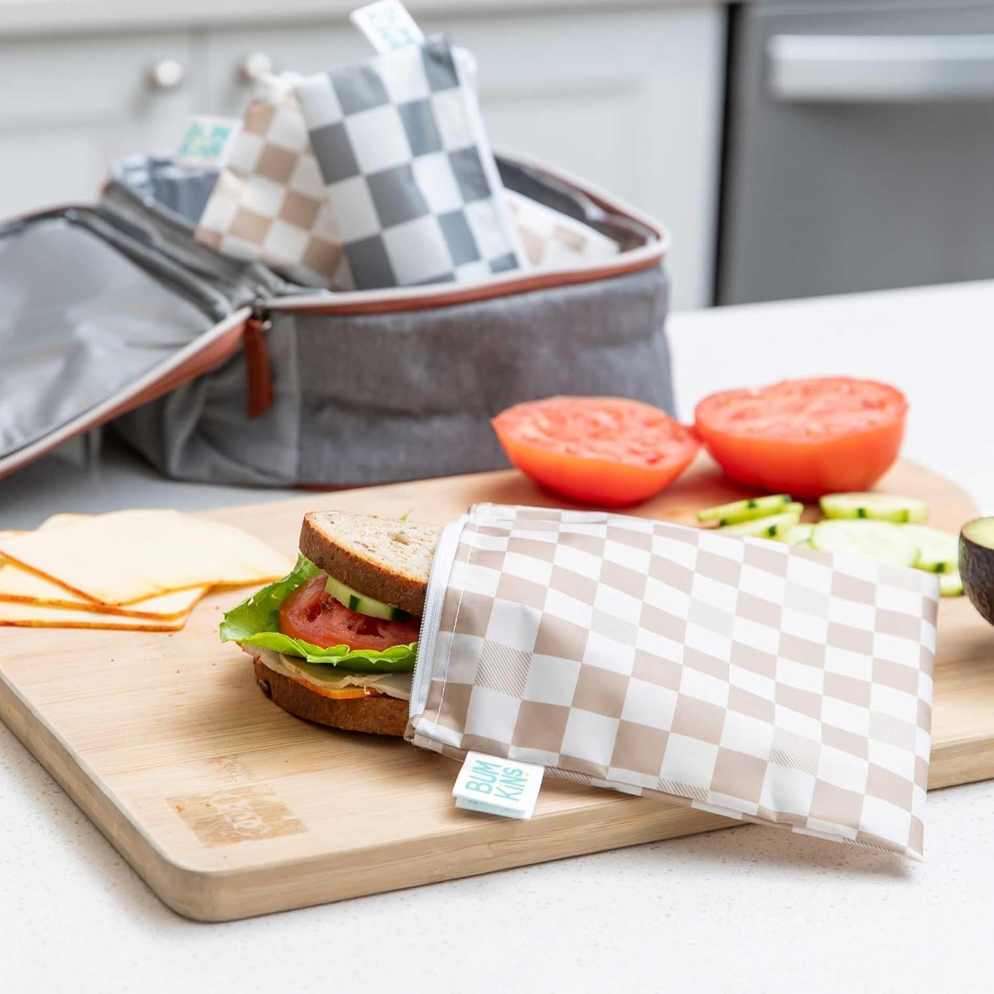 Bumkins - Cloth Snack & Sandwich Bags - For Storage, Travel, Food Prep, Lunch - Reusable, Water Resistant, Washable, Dishwasher Safe - Snack Bags for Kids - Zipper Closure - Check - 4 Pack