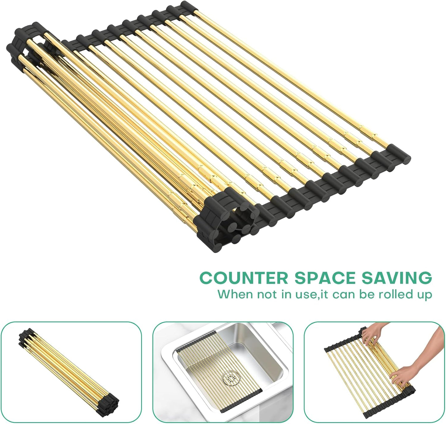 Large Telescopic Draining Rack, Gold Roll Up Heat-Resistant Dish Drainer for Stainless Steel Sinks, Non-Slip Silicone Rolling Dish Drainer Roll Rack 18 tube12.59-21.25x12.79''