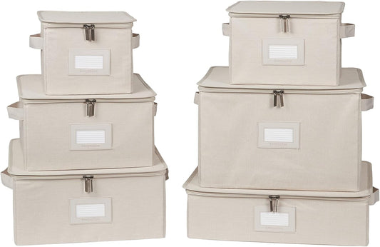 Covermates Keepsakes Dish Storage Box - Stackable, Reinforced Handles, China Storage, Beige Heather