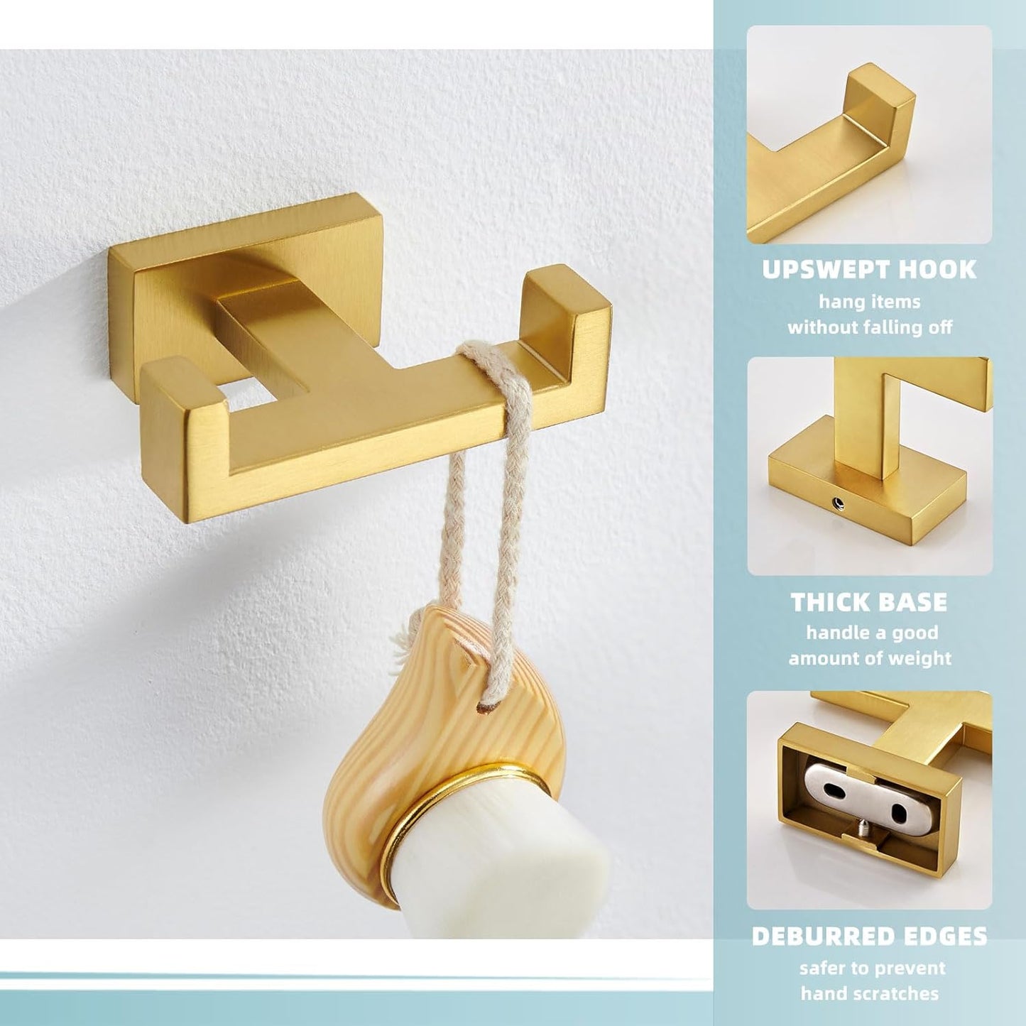 Suyar Double Towel Hook Brushed Gold, SUS304 Stainless Steel Square Coat Robe Holder, Bathroom Kitchen Towel Hanger, Wall Mounted