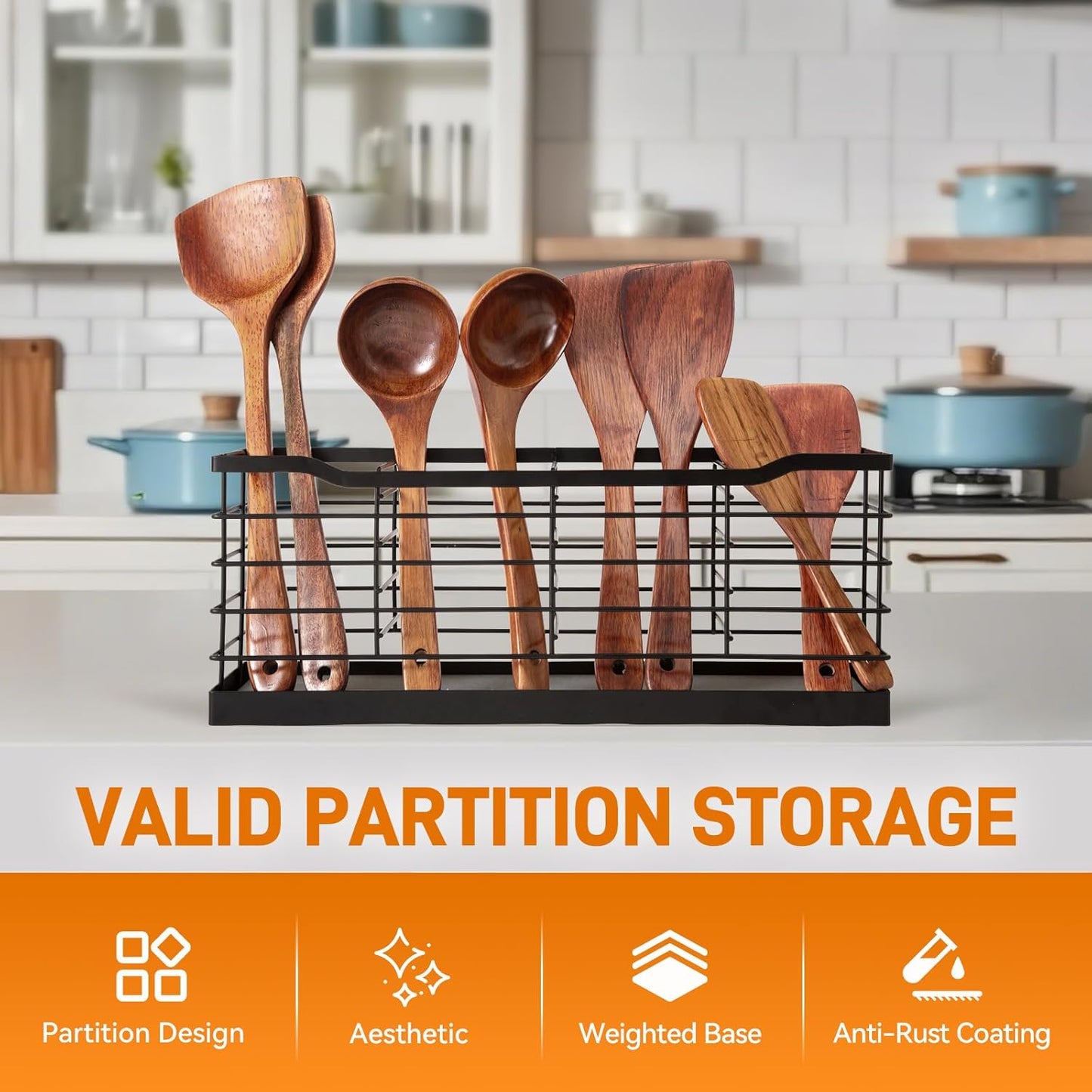 Large Utensil Holder for Kitchen Countertop,Cookware Organizer Dryer with Diatomaceous Earth Base,Cooking Tools Storage for Kitchen Counter,Metal Matte Black(4 Compartments)