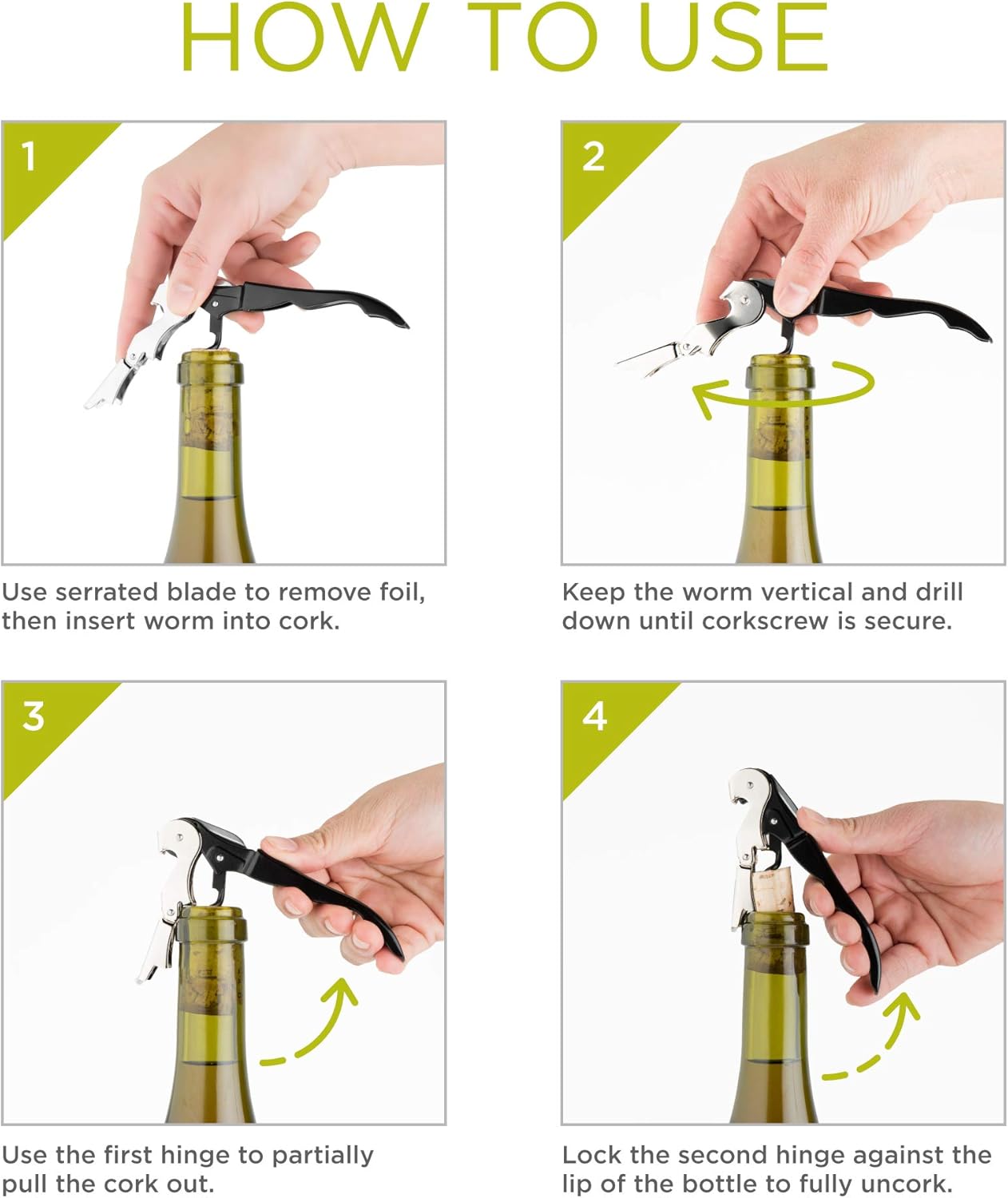 True Brands TrueTap Double Hinged Waiters Corkscrew, Top-notch Stainless Steel Opener with Foil Cutter Built to Last Wine Key Lime Green, Set of 1