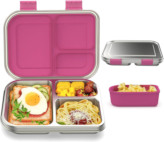 Stainless Steel Bento Box Kids, 3 Compartments Leak Proof Metal Bento Lunch Box, 304 Stainless Steel Bento Lunch Containers for School and Office,Dishwasher Safe, BPA-Free-Pink