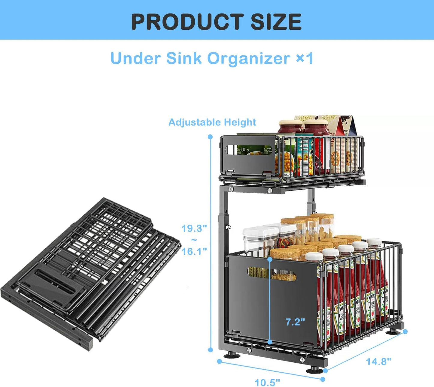 Under Sink Organizer with Adjustable Height, 2 Tier Pull Out Cabinet Design, Sliding Sink Shelf for Enhanced Storage Capacity, Counter Organizer Storage for Kitchen & Bathroom, Black, 2 Pack