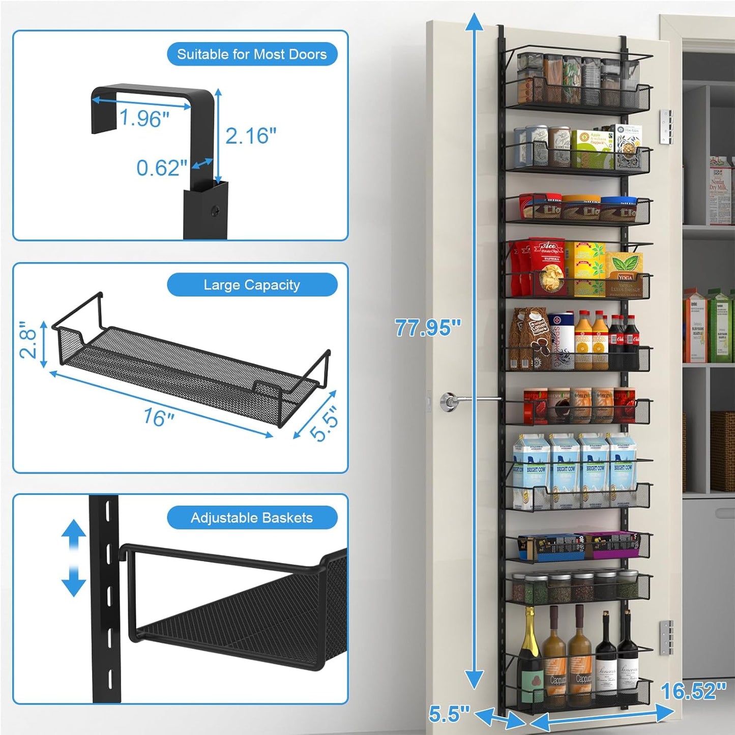 Over the Door Pantry Organizer, 10-Tier Over the Door Organizer with Adjustable Basket, Door Organization for Pantry Kitchen Storage Room Spice Rack, Black
