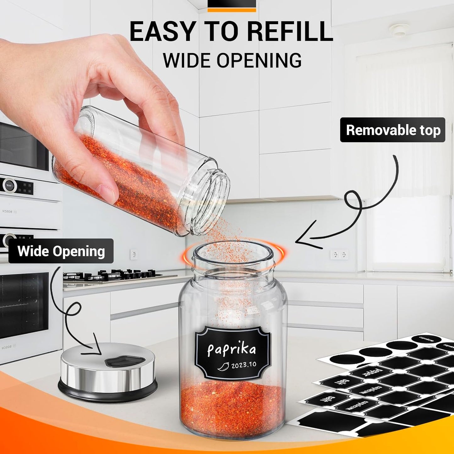 Segarty Glass Spice Jars, 3 Pack 5oz Spice Jars with Label, Empty Spice Containers with Shaker Lids, Seasoning Bottles with 136 Stickers, 1 Marker Pen and 1 Brush, Salt Pepper Shakers Set