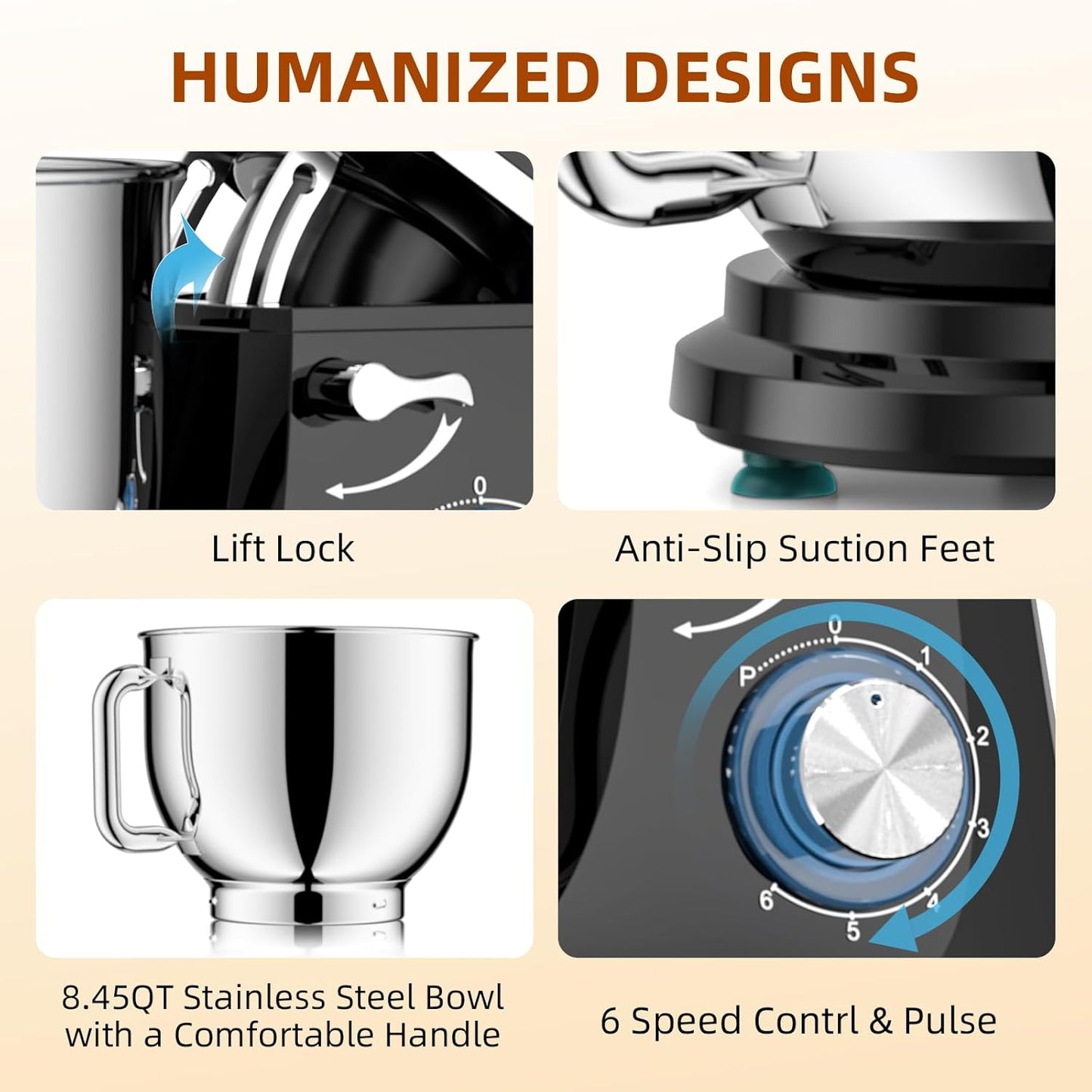 8.45 QT Stand Mixer - 660W 6 Speed Large Capacity Kitchen Electric Mixer with Whisk Dough Hook Mixing Beater Household Food Mixer for Baking Cakes Cookie Bread Salad (Black)