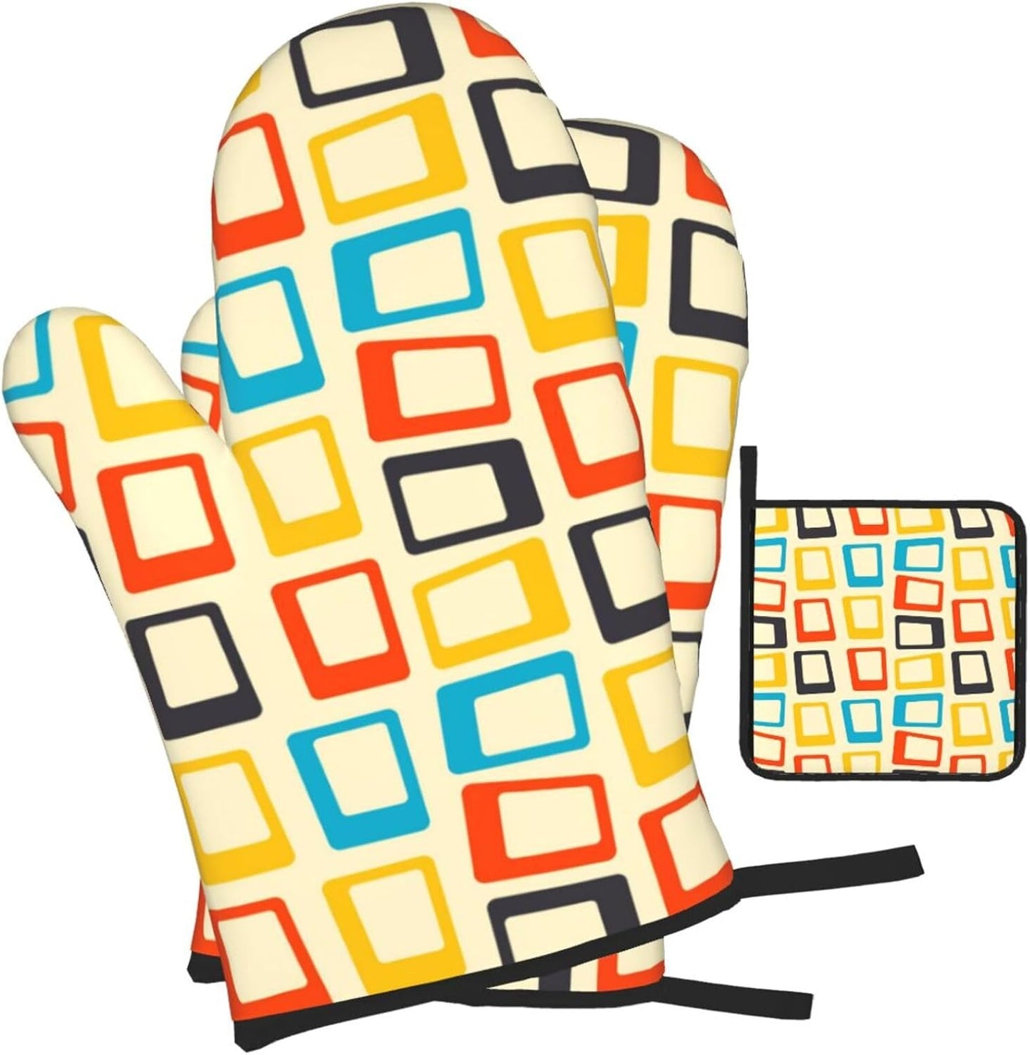 Mid Century Modern Oven Mitts and Pot Holders Sets of 3 Retro Heat Resistant Non Slip BBQ Gloves for Cooking Grilling Baking Kitchen Decor