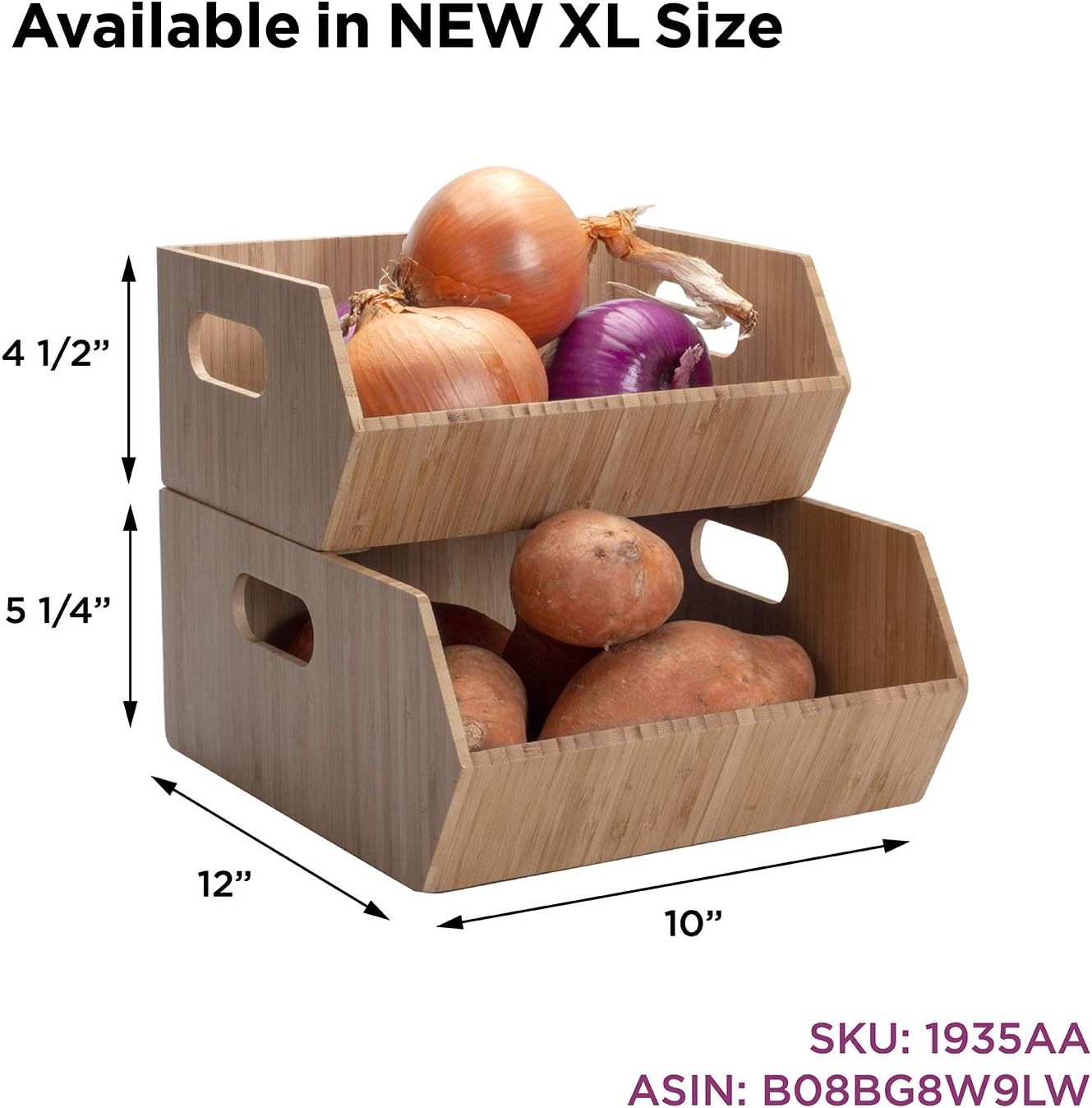 MobileVision Bamboo Storage Bins for Pantry & Kitchen Cabinet Organizer Multi-Purpose 2 PC Stackable Set for Canned Goods, Vegetables, Pouches, Boxed Meals & more