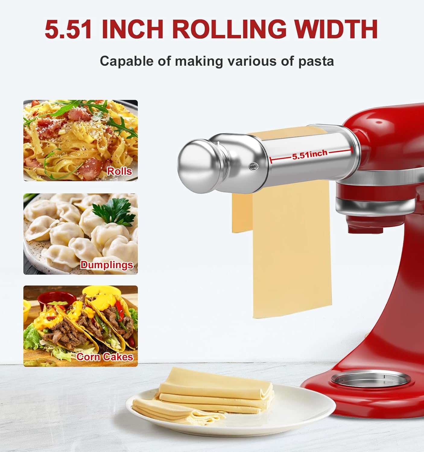 Pasta Roller Attachment for Kitchenaid Stand Mixer, Stainless Steel Pasta Maker Attachment with 8 Adjustable Thickness Knob, Dough Pasta Sheeter Roller for Raviolis Pasta