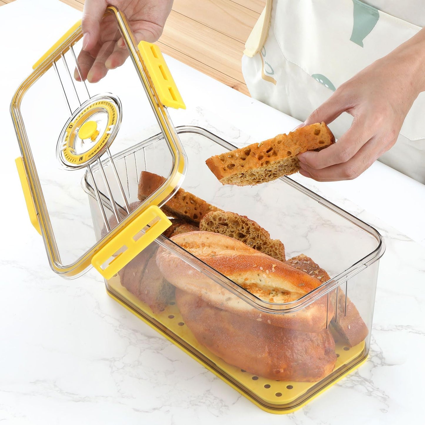 Clear Bread Box for Kitchen Countertop - Airtight Plastic Container for Fresh Bread Storage - Homemade Bread Saver Bin Keeper - Yellow