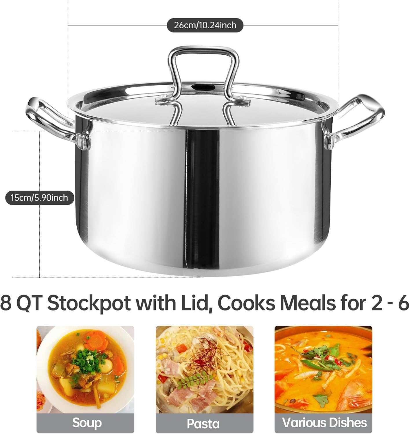 Whole-Clad Tri-Ply Stainless Steel Stockpot with Lid, 8 Quart Large Cooking Pot All Stove Compatible Up to 600℉, 18/8 Stainless Steel Kitchen Induction Ready Cookware