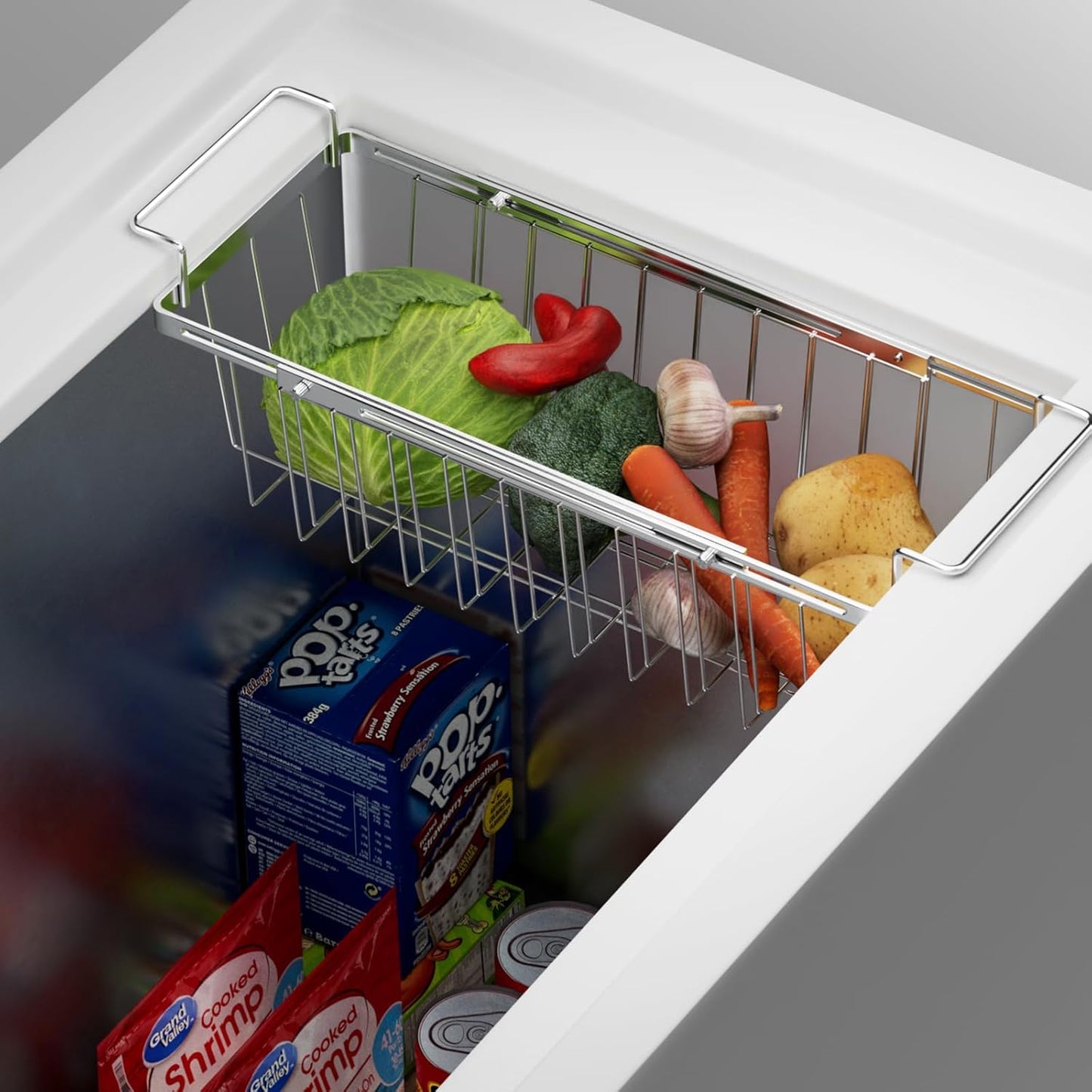 Orgneas Freezer Baskets for Chest Freezer, Capacity Expandable Deep Freezer Organizer Bins Adjustable From 16.5" to 26.5" Stainless Steel Wire Basket Storage with Hanging Handles