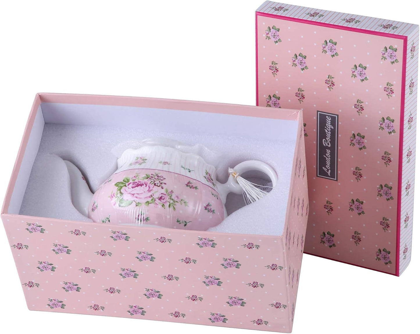 London Boutique Porcelain Teapot Sugar Bowl and Cream Milk Jug Shabby Chic Vintage Floral in Gift box 40oz (Teapot Rose Pink)