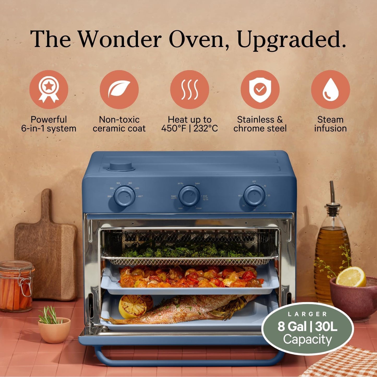 Our Place Large Wonder Oven | 6-In-1 Toxin-Free Air Fryer & Toaster with Steam Infusion | Family-Sized 32QT, 1700W Countertop Design | Includes Bake Tray, Fryer Basket, Large Racks | Blue Salt