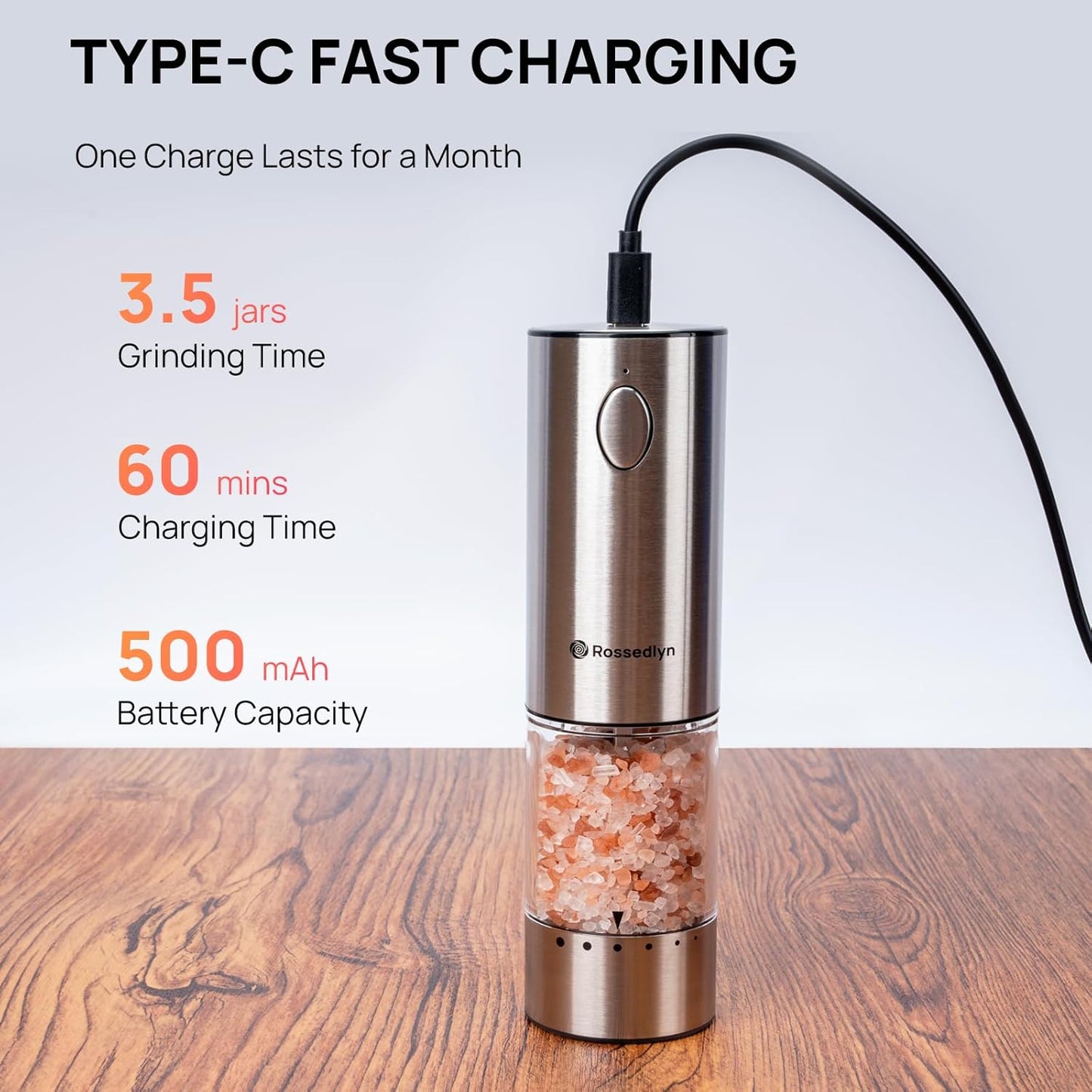 Upgraded Larger Capacity Electric Salt and Pepper Grinder Set Rechargeable with LED Light, Stainless Steel Refillable Pepper Mill Set with 6 Adjustable Coarseness for Kitchen, Outdoor, BBQ