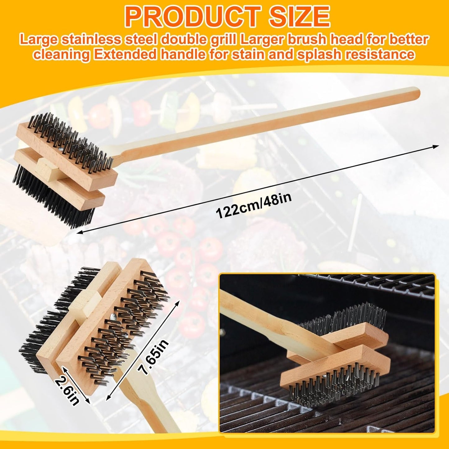 1 Pack Stainless Steel Grill Brush 48 Inch Large Double Ended Grill Brush with Long Handle for Commercial BBQs Outdoor Good Picnic Restaurant Kitchens Dealing with Grease Residue and Buildup