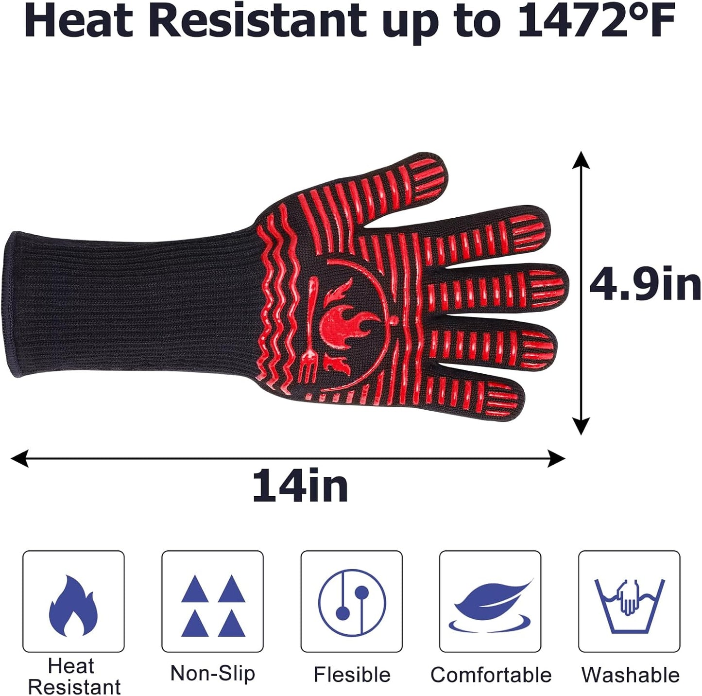 BBQ Gloves, 1472°F Extreme Heat Resistant Grill Gloves, Non-Slip Food Grade Silicone Oven Mitts Gloves for Kitchen, Cooking, Barbecue, Baking, Smoker Red(14inch)