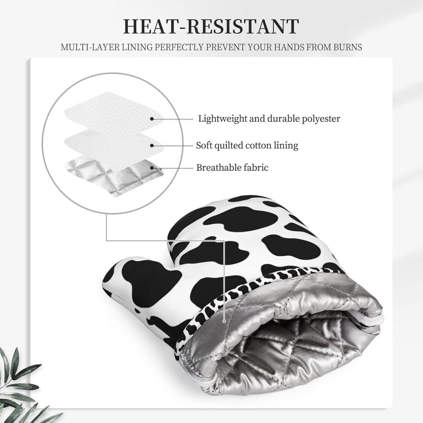 Cow Print Oven Mitts and Pot Holders Sets of 2,Resistant Recycled Infill Silicone Non-Slip BBQ Gloves for Kitchen,Cooking,Baking,Grilling