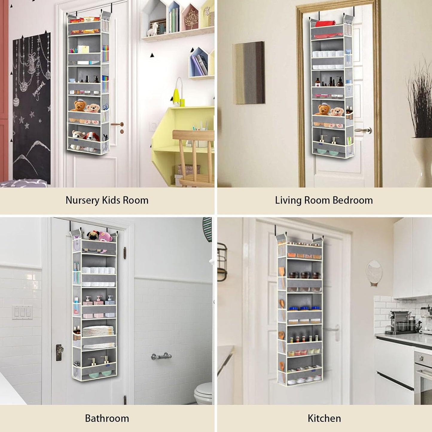 Over The Door Organizer 5-Shelves and 10 Side Pockets, Over The Door Storage for Bathroom Bedroom Nursery, Hanging Door Organizer for Baby Diapers and Kids Toys (13"x5"x44", Grey)