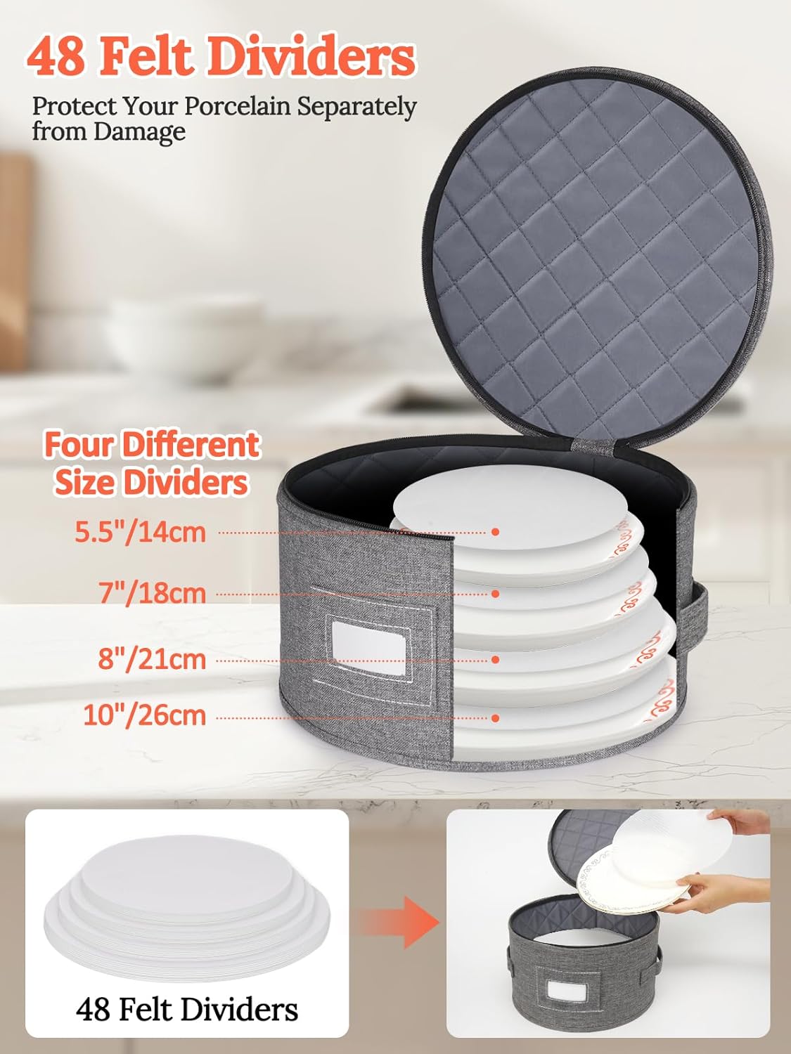 China Storage Containers, 4 Piece Rigid-Shell Dinnerware Storage with Felt Dividers, Stackable Fine China Storage for Plates, Bowls, Glassware, Kitchen Dish Organizer for Moving