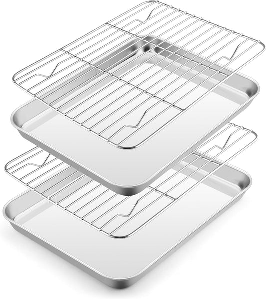 E-far Small Baking Sheet with Wire Rack (2 Pans + 2 Racks), Stainless Steel Cookie Sheets Trays & Cooling Rack for Toaster Oven, Non Toxic & Warp Resistant, Oven & Dishwasher Safe, 10.5 x 8.3 x 1 Inch