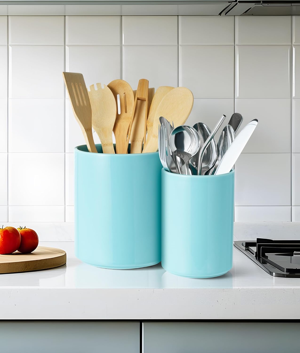 Set of 2 Utensil Holder, 7"+5" Ceramic Kitchen Utensil Holder for Countertop, Large Cooking Utensil Crocks for Counter, Morden Utensil Organizer for Spatula, Kitchen Decor (Blue)
