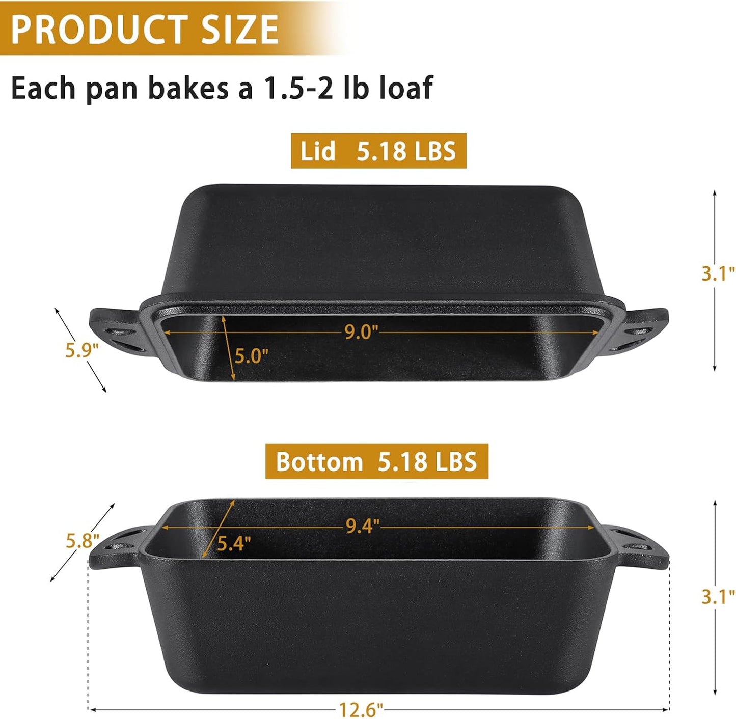 Cast Iron Loaf Pan with Lid 9x5 Inch - Bread Baking Pans for Homemade Bread, 2 Piece Set