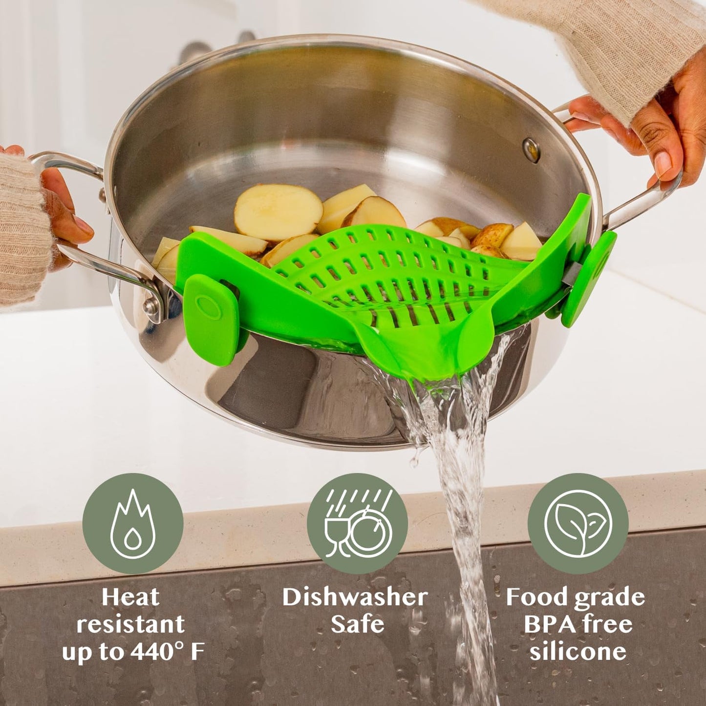 Kitchen Gizmo Snap N' Strain Clip On Strainer for Pots and Pans - Collapsible Silicone Pasta Strainer and Kitchen Gadget for Cooking - Easy to Use, Heat Resistant and Space Saving Colander - Green