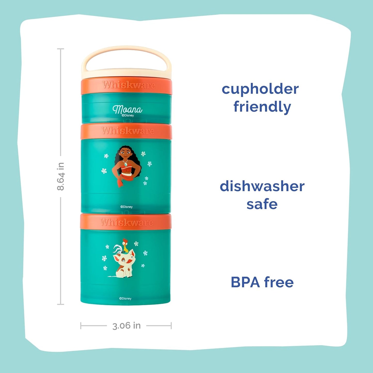 Whiskware Disney Princess Moana, Stackable Snack Containers for Kids, 3 Stackable Snack Cups for School or Travel, Formula and Cupholder Friendly, Moana and Pua