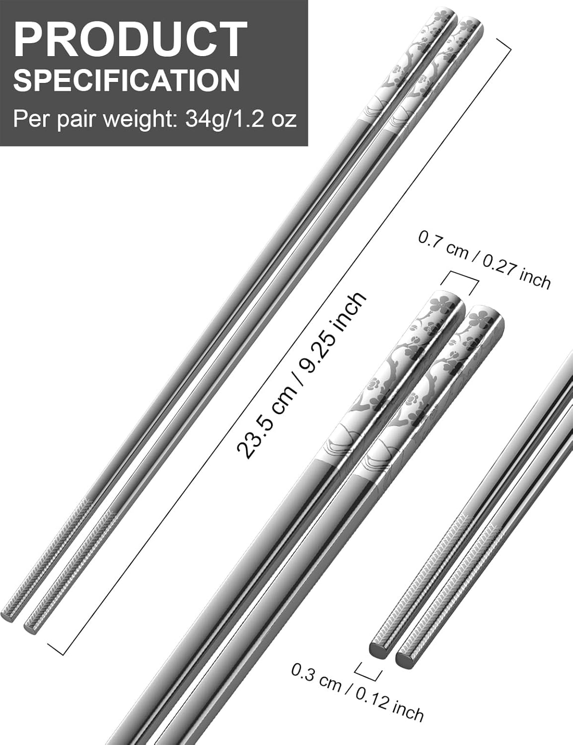 Metal Chopsticks Reusable 18/8 stainless steel Chopsticks 5 Pairs Classical Oriental Floral Dishwasher Safe Lightweight Non-Slip Chop Sticks 9 1/4 Inches Present Set