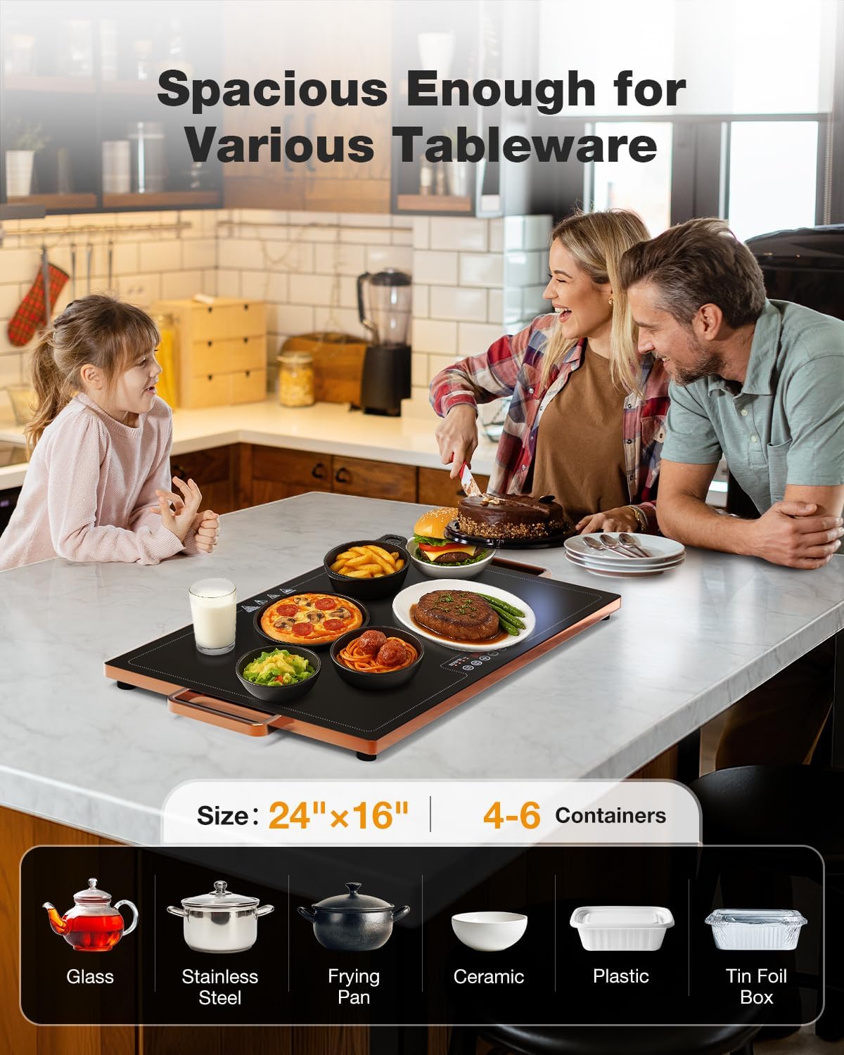 Electric Warming Tray (24''×16''), Adjustable Temperature, 10s Full Surface Heating, Smart Scheduling + Timer, Intelligent Digital Display, Food Warmer for Parties, Buffet, Home Use