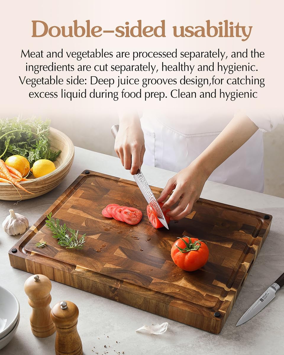 XINZUO Large Thick End Grain Acacia Wood Cutting Board- (19''L x 14''W x 1.5''T) Reversible Wooden Chopping Board with Non-Slip Feet, Built-in Handles and Juice Groove- Butcher Block Cutting Board