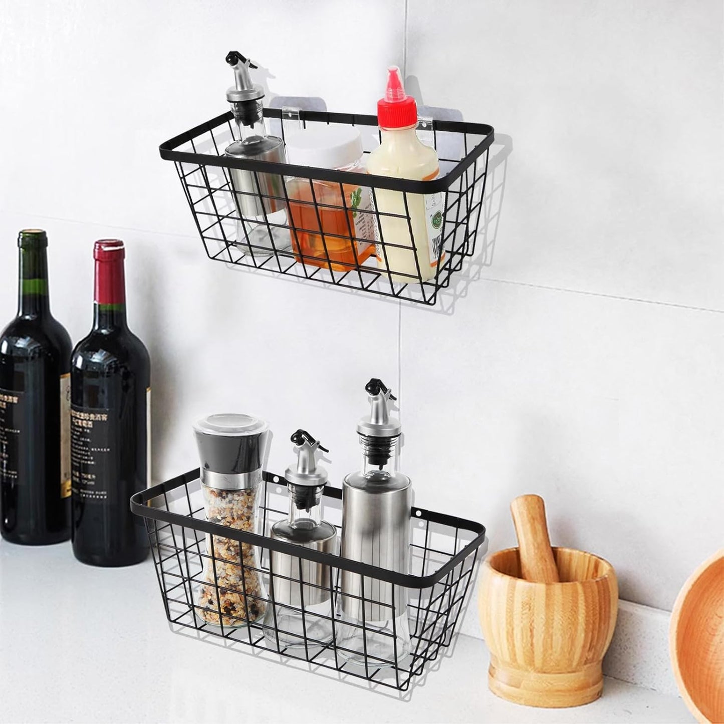LeleCAT Hanging Kitchen Baskets, Wall-Mounted Basket for Storage Organization Rustic Farmhouse Decor, No Drilling Adhesive Basket for Cabinet Pantry Organization and Kitchen,4 Pack, Black