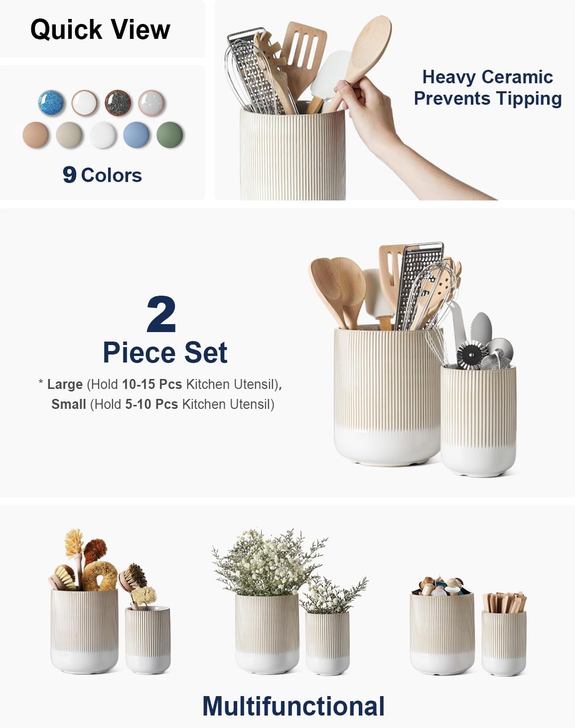 LE TAUCI Utensil Holder, 7.3"+5.4" Ceramic Kitchen Utensil Holder for Countertop, Large Cooking Utensil Crocks Gift for Mom, Boho Farmhouse Kitchen Decor, Set of 2, Reactive Glaze Arctic White