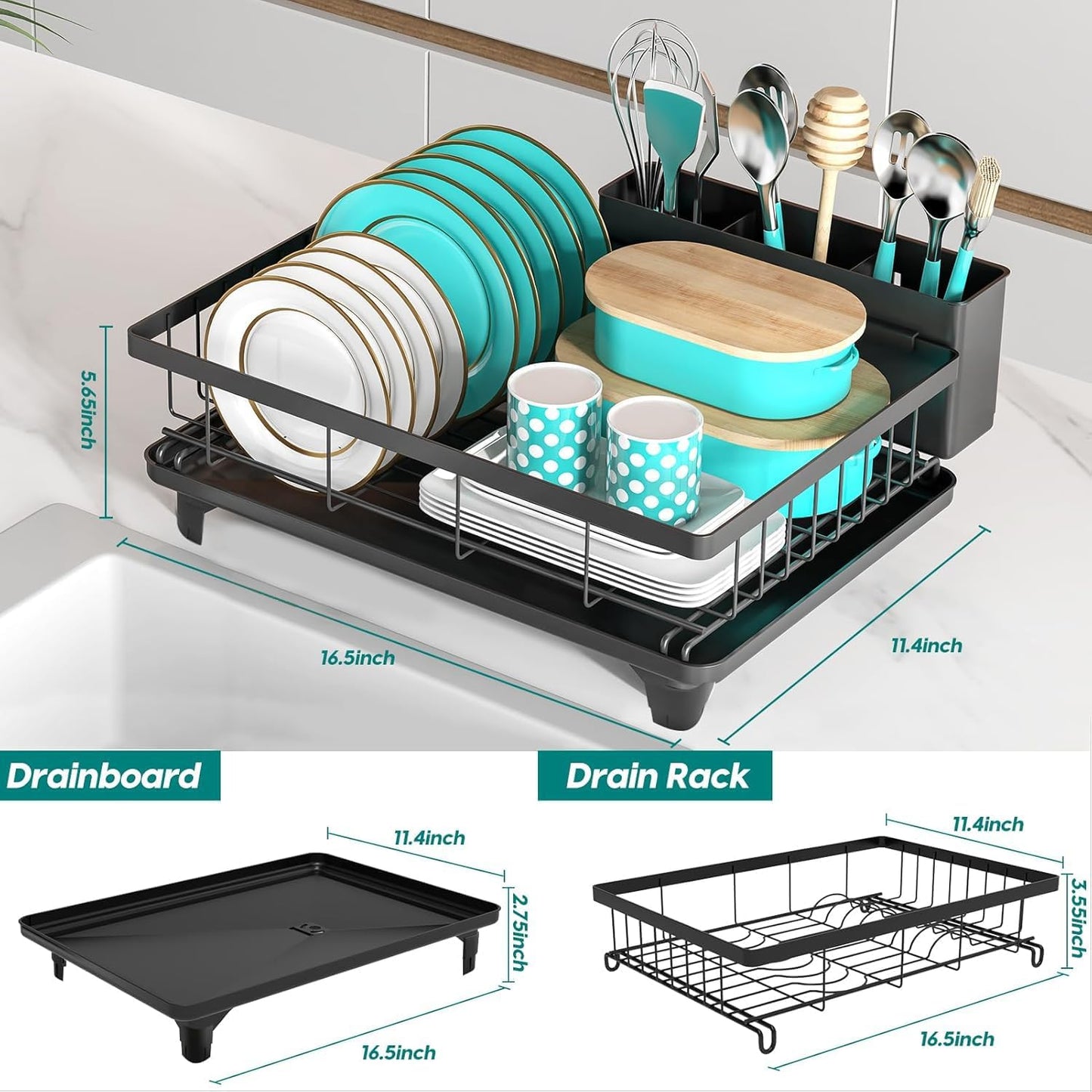 MERRYBOX Dish Drying Rack Large Capacity 2 Tier Dish Drying Rack Multifunctional Rustproof Dish Racks for Kitchen Counter with Large Utensil Holder, Cup Holder, Black