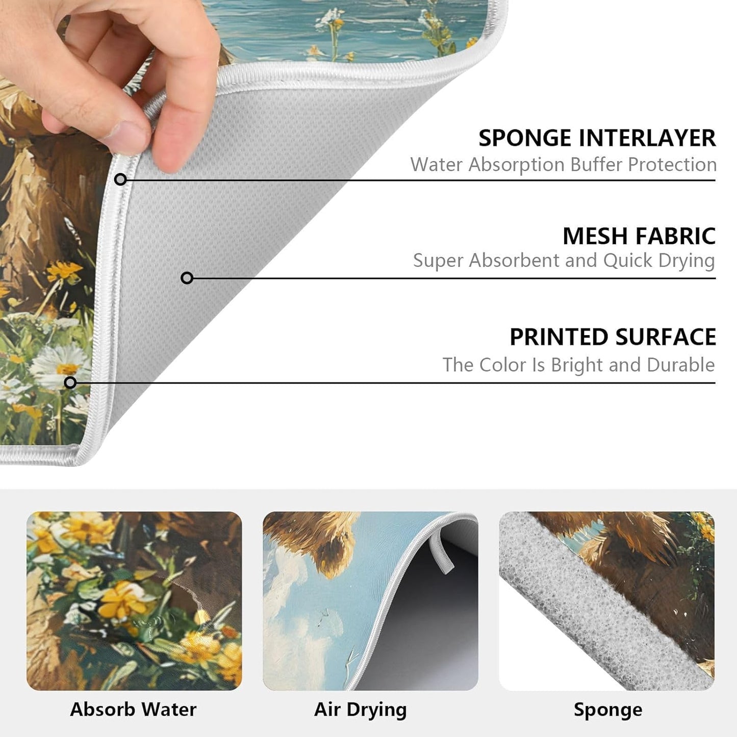 Three Bear Dish Drying Mat for Kitchen Counter Absorbent Microfiber Large Drying Pad Dandelion Wildflowers Dish Mats for Kitchen Countertops 18 x 24 Inch