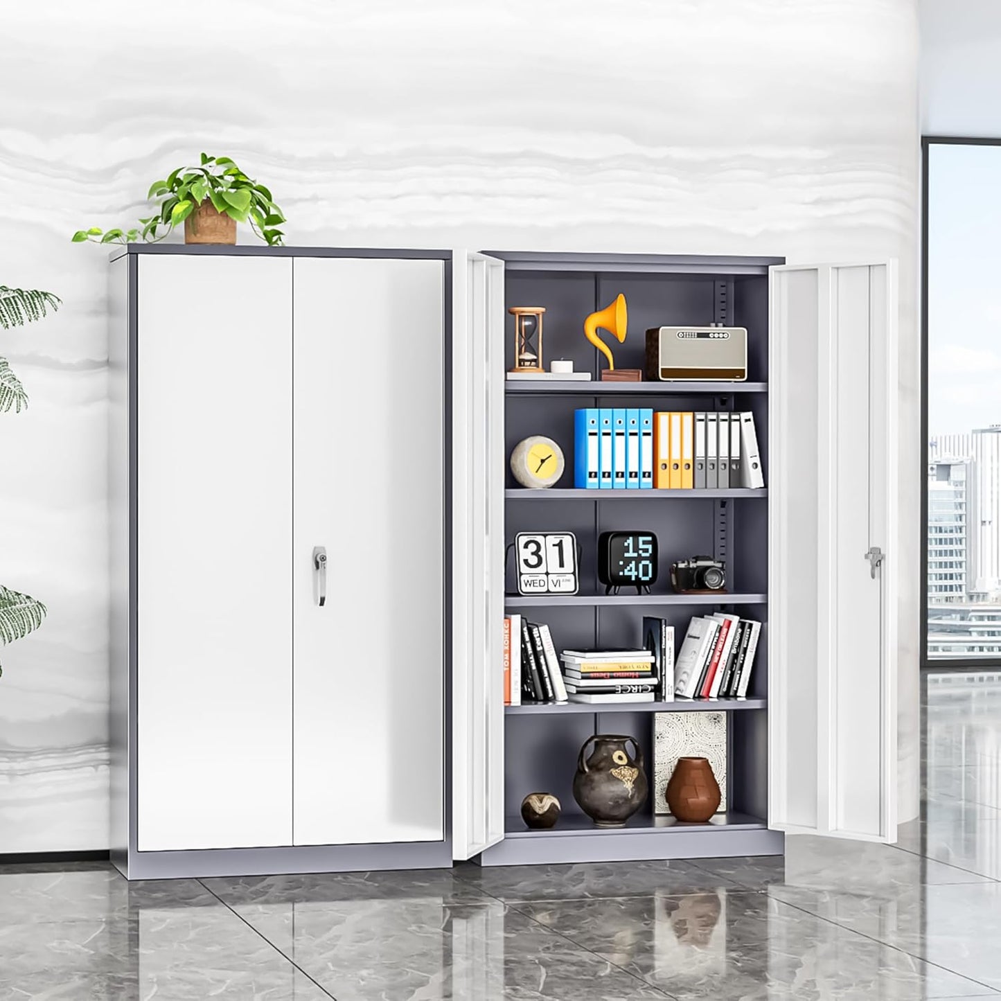 INTERGREAT Storage Cabinet, 72” Steel Locking Closet with Doors and 4 Adjustable Shelves, Tool Unit for Home Office, Garage & Tall Lockable File Cabinet, Grey White.