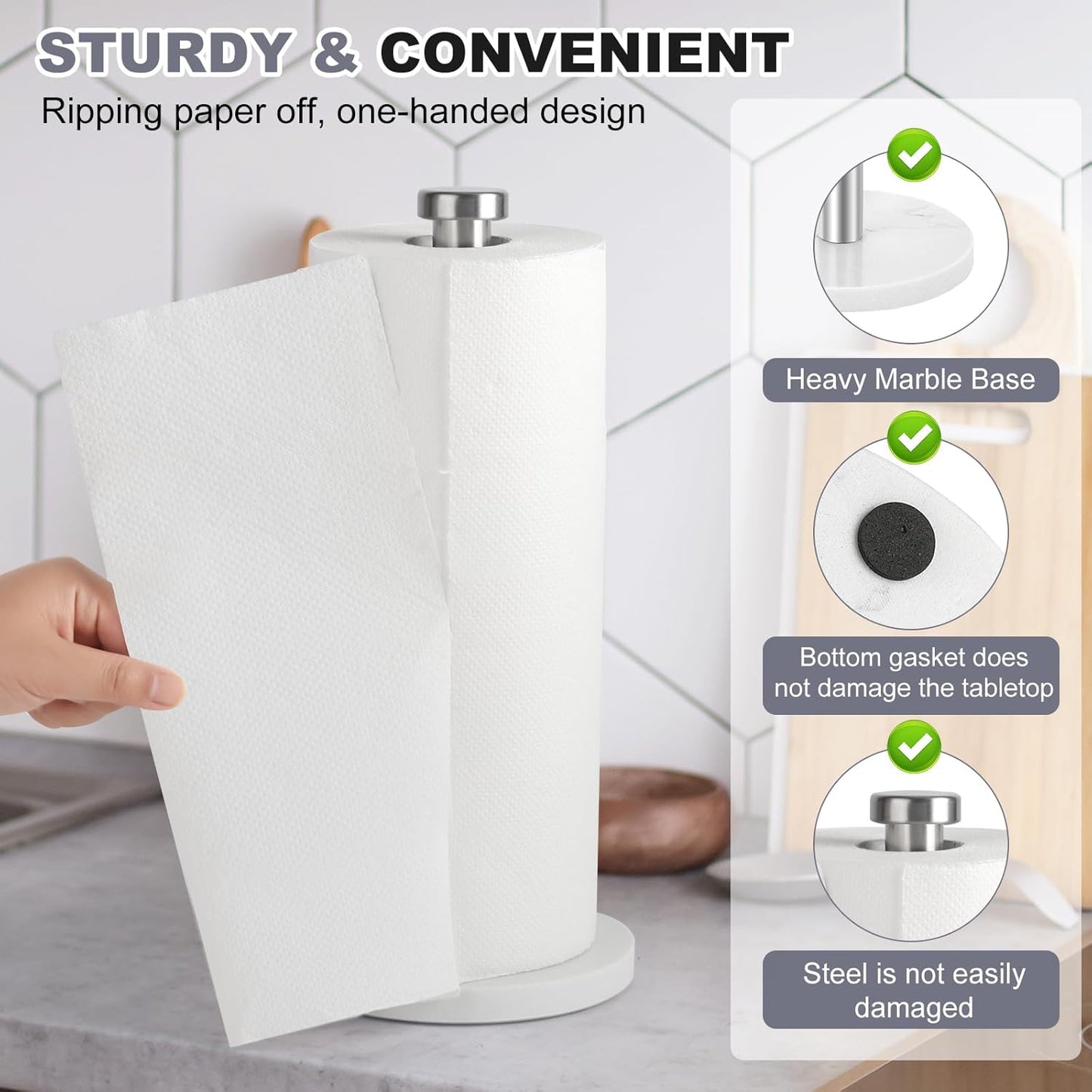 Standing Paper Towel Holder, Kitchen Paper Towel Roll Holder- for Bathroom Kitchen Countertop with Weighted Marble Base for One-Handed Operation (Silver), Silver Paper Towel Holder