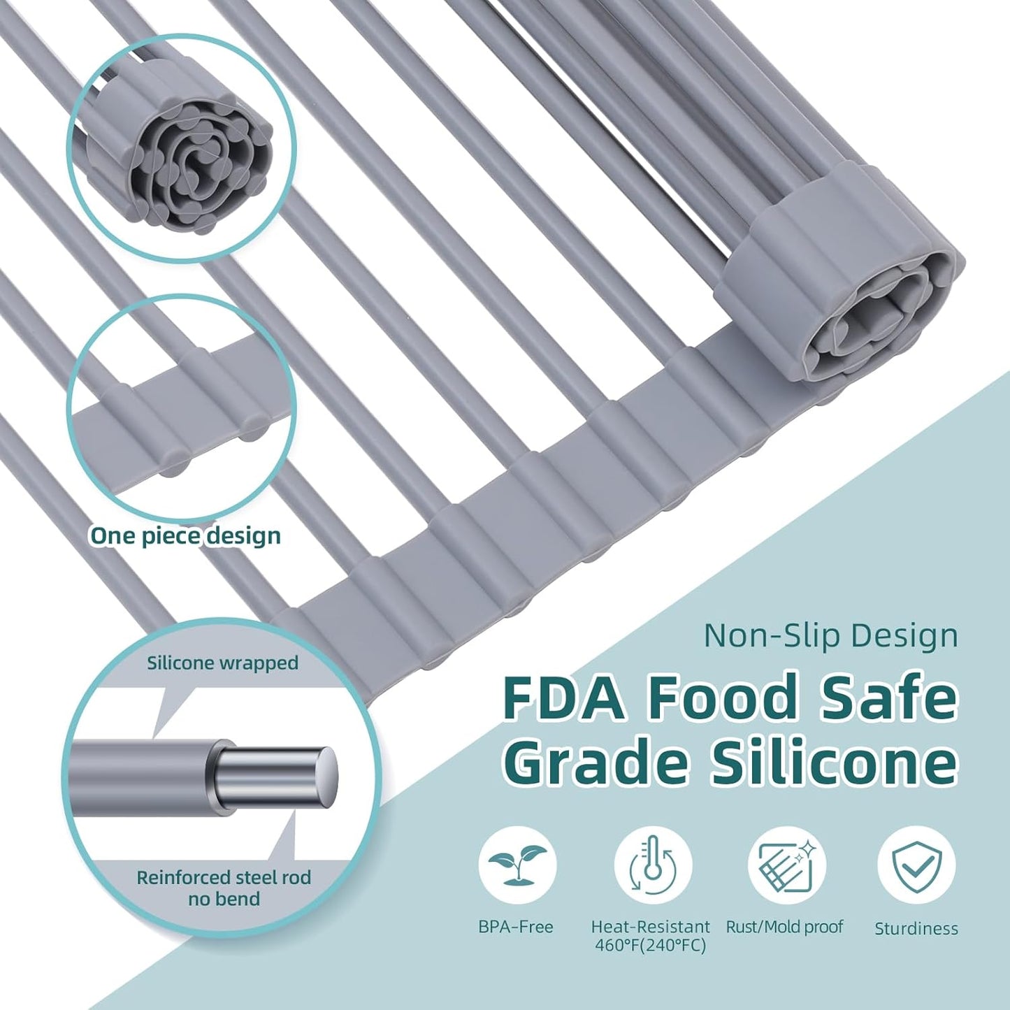 Ohuhu Sink Drying Rack, 20.5" W x 16.1" L Over The Sink Roll-Up Dish Drainer - Rolling Foldable Accessories Heat-Resistant Mat Anti-Slip Silicone Coated Multipurpose for Kitchen Counter