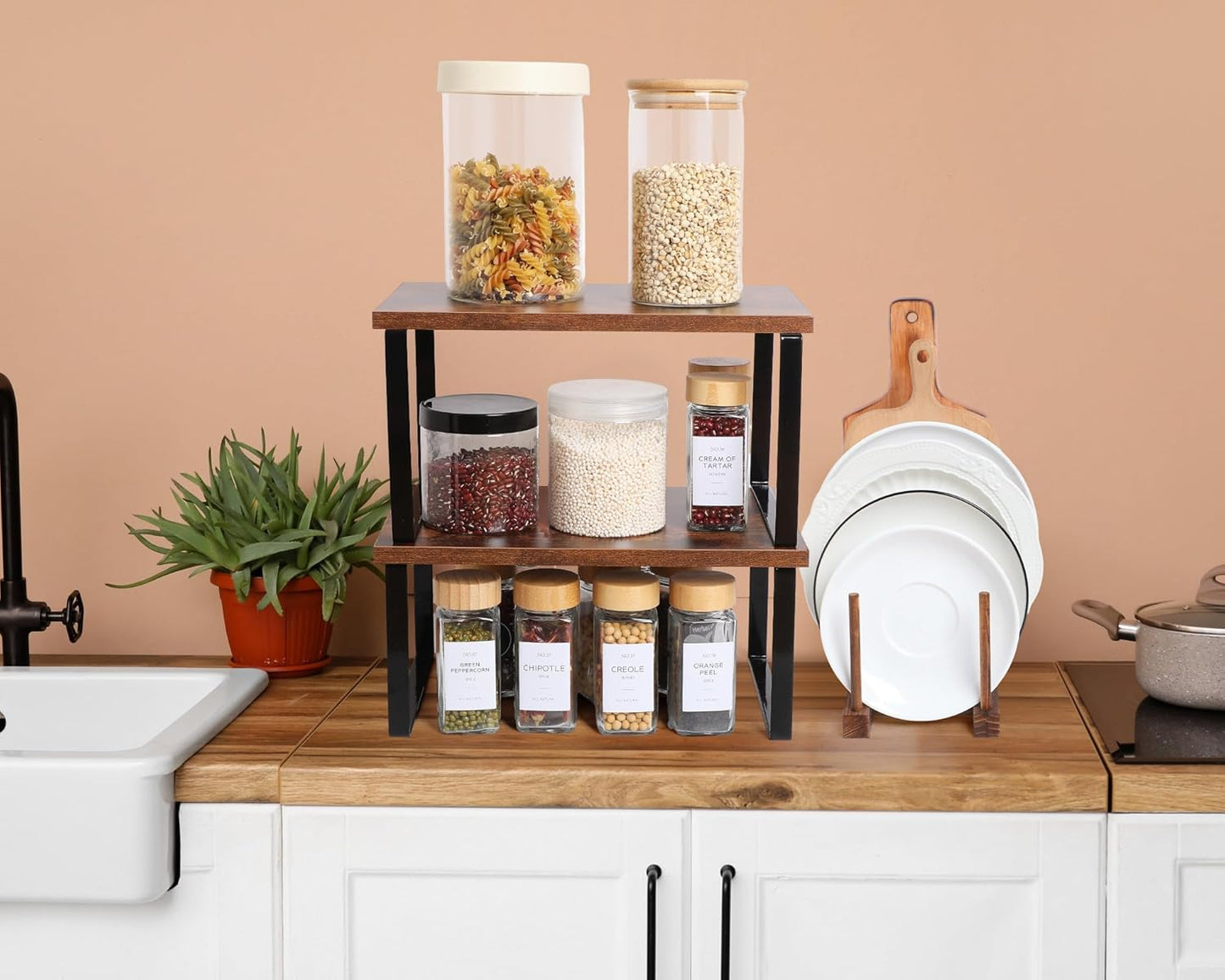 Marsui 4 Pcs Kitchen Organizer Accessories Set Cabinet Organizer Shelf and Bamboo Dish Drying Plate Rack Counter Shelves Storage Holder for Spice Rack, Dish, Pot Lid, Bowl, Cup(Deep Color)