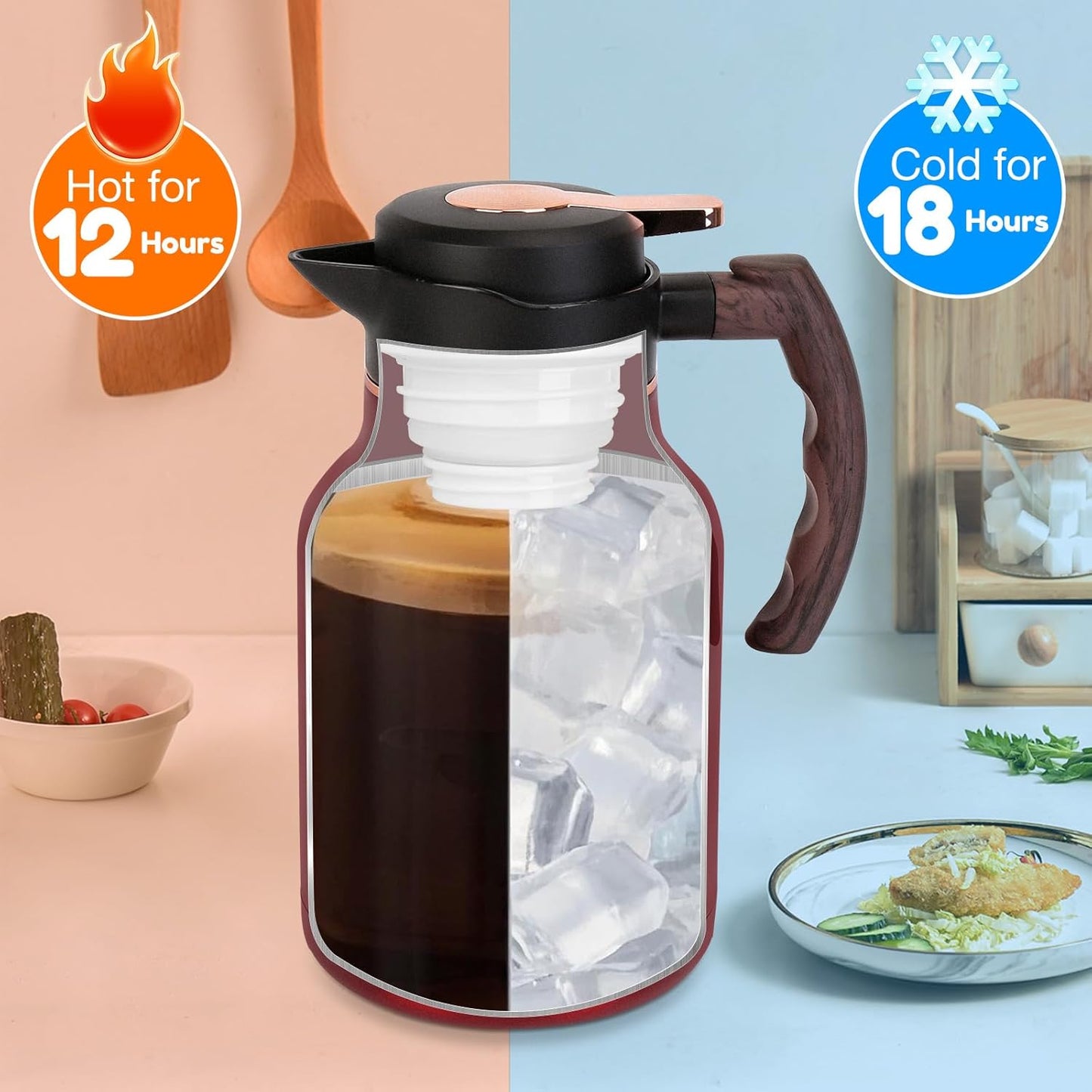 54oz Thermal Coffee Carafe, Stainless Steel Insulated Vacuum Carafe, Carafes for Keeping Hot, for Hot Water, Tea, Cold Drinks (Red)