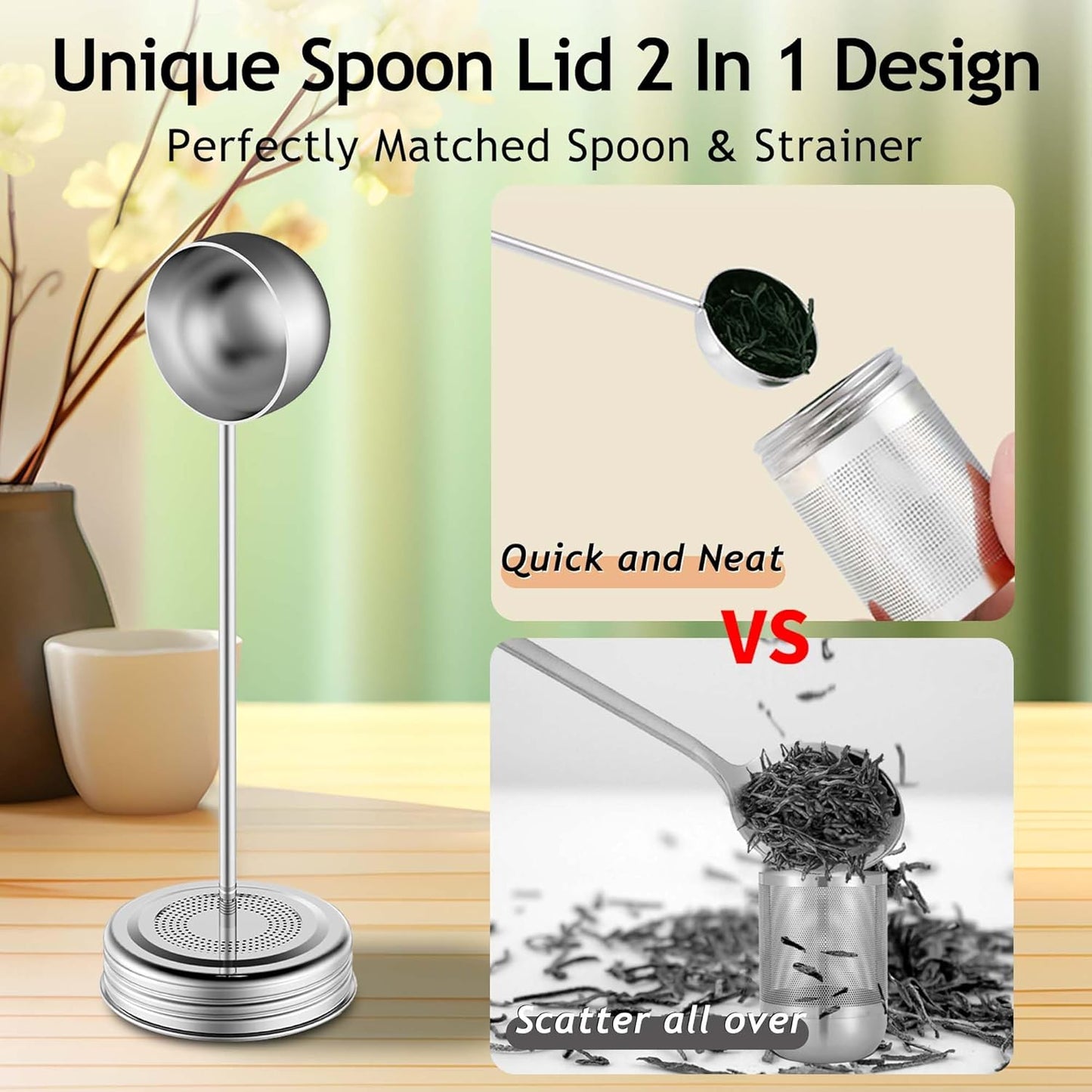 House Again 2 Pack 2 IN 1 Tea Infuser for Loose Tea, Ultra Fine Mesh Tea Ball Strainer with Spoon, Updated 304 Stainless Steel, Loose leaf Tea Steeper, Perfect for Loose Tea, Herbal Tea, Teabag