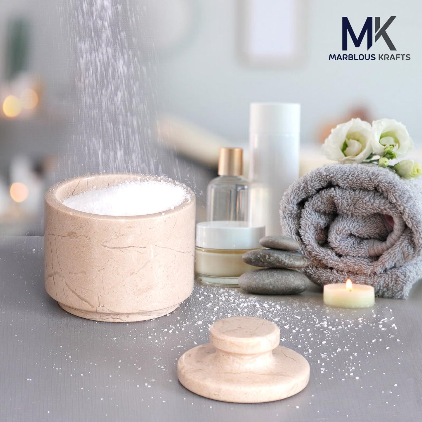 MARBLOUS KRAFTS Marble Salt Cellar with Lid 3" Inch Verona Salt Box, Seasoning Container & Spice Jars, Stone Salt Holder for Counter, Spice Jar